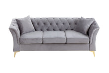 Load image into Gallery viewer, Modern Chesterfield Curved Sofa Tufted Velvet Couch 3 Seat Button Tufed Couch with Scroll Arms and Gold Metal Legs Grey
