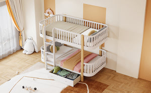 Wood Twin over Twin Bunk Bed with Fence Guardrail and a Big Drawer, White