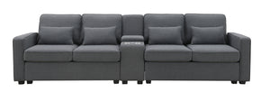 [VIDEO provided] [New] 114.2" Upholstered Sofa with Console, 2 Cupholders and 2 USB Ports Wired or Wirelessly Charged, Modern Linen Fabric Couches with 4 Pillows for Living Room, Apartment (4-Seat)