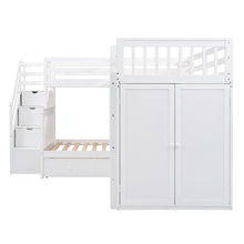 Load image into Gallery viewer, Twin-Twin over Full L-Shaped Bunk Bed With 3 Drawers, Portable Desk and Wardrobe, White
