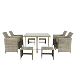 9 Pieces Patio Dining Sets Outdoor Space Saving Rattan Chairs with Glass Table Patio Furniture Sets Cushioned Seating and Back Sectional Conversation Set Grey Wicker + Grey Cushion