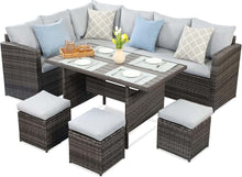 Load image into Gallery viewer, 7-Pieces PE Rattan Wicker Patio Dining Sectional Cusions Sofa Set with Grey cushions
