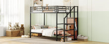 Load image into Gallery viewer, Twin Over Twin Metal Bunk Bed with Lateral Storage Ladder and Wardrobe, Black
