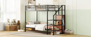 Twin Over Twin Metal Bunk Bed with Lateral Storage Ladder and Wardrobe, Black