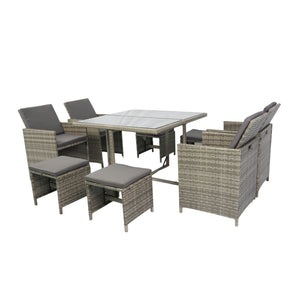 9 Pieces Patio Dining Sets Outdoor Space Saving Rattan Chairs with Glass Table Patio Furniture Sets Cushioned Seating and Back Sectional Conversation Set Grey Wicker + Grey Cushion