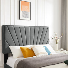 Load image into Gallery viewer, B108 Queen bed with two nightstands, Beautiful line stripe cushion headboard , strong wooden slats + metal legs with Electroplate
