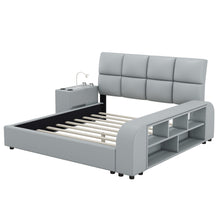 Load image into Gallery viewer, Queen Size Upholstered Platform Bed with Multimedia Nightstand and Storage Shelves, Gray
