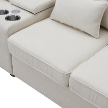 Load image into Gallery viewer, [VIDEO provided] [New] 114.2&quot; Upholstered Sofa with Console, 2 Cupholders and 2 USB Ports Wired or Wirelessly Charged, Modern Linen Fabric Couches with 4 Pillows for Living Room, Apartment (4-Seat)
