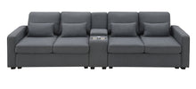 Load image into Gallery viewer, [VIDEO provided] [New] 114.2&quot; Upholstered Sofa with Console, 2 Cupholders and 2 USB Ports Wired or Wirelessly Charged, Modern Linen Fabric Couches with 4 Pillows for Living Room, Apartment (4-Seat)
