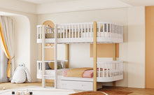 Load image into Gallery viewer, Wood Twin over Twin Bunk Bed with Fence Guardrail and a Big Drawer, White
