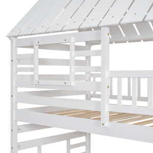 Twin over Twin House Bunk Bed with Trundle and Slide, Storage Staircase, Roof and Window Design, White(Old SKU: GX000931AAK)