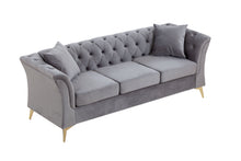 Load image into Gallery viewer, Modern Chesterfield Curved Sofa Tufted Velvet Couch 3 Seat Button Tufed Couch with Scroll Arms and Gold Metal Legs Grey
