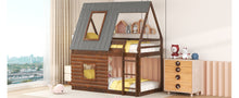 Load image into Gallery viewer, Wood Twin Size House Bunk Bed with Roof, Ladder and 2 Windows, Oak &amp; Smoky Grey
