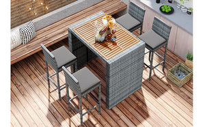 GO 5-pieces Outdoor Patio Wicker Bar Set, Bar Height Chairs With Non-Slip Feet And Fixed Rope, Removable Cushion, Acacia Wood Table Top, Brown Wood And Gray Wicker