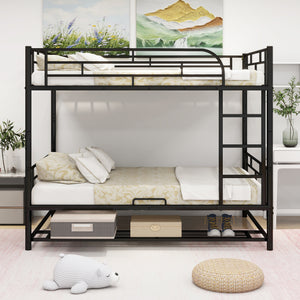 Full Over Full Metal Bunk Bed with Shelf and Guardrails, Black