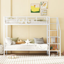 Load image into Gallery viewer, Twin Over Twin Metal Bunk Bed with Lateral Storage Ladder and Wardrobe, White
