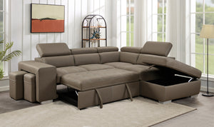 105" Sectional Sofa with Adjustable Headrest ,Sleeper Sectional Pull Out Couch Bed with Storage Ottoman and 2 Stools, Light Brown