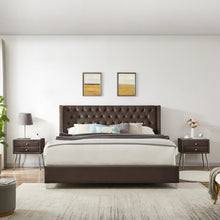 Load image into Gallery viewer, B100S King bed with two nightstands, Button designed Headboard,strong wooden slats + metal legs with Electroplate
