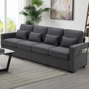 [VIDEO provided] [New] 104" 4-Seater Modern Linen Fabric Sofa with Armrest Pockets and 4 Pillows,Minimalist Style Couch for Living Room, Apartment, Office,3 Colors