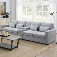 Load image into Gallery viewer, [VIDEO provided] [New] 114.2&quot; Upholstered Sofa with Console, 2 Cupholders and 2 USB Ports Wired or Wirelessly Charged, Modern Linen Fabric Couches with 4 Pillows for Living Room, Apartment (4-Seat)
