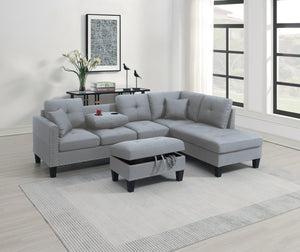 Living Room Furniture 3-PCS Sectional Sofa Set LAF Sofa RAF Chaise And Storage Ottoman Cup Holder Taupe Grey Color Linen-Like Fabric Couch