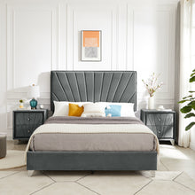 Load image into Gallery viewer, B108 Queen bed with two nightstands, Beautiful line stripe cushion headboard , strong wooden slats + metal legs with Electroplate
