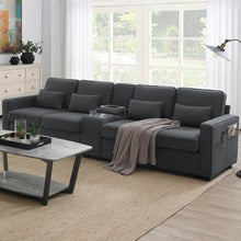 Load image into Gallery viewer, [VIDEO provided] [New] 114.2&quot; Upholstered Sofa with Console, 2 Cupholders and 2 USB Ports Wired or Wirelessly Charged, Modern Linen Fabric Couches with 4 Pillows for Living Room, Apartment (4-Seat)
