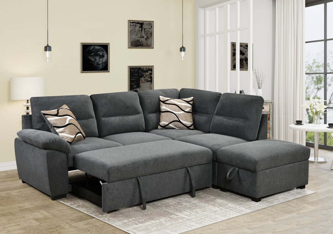 95'' Sectional Sofa with Ultra Soft Back Cushion,Sleeper Sectional Sofa with Pull Out Couch Bed and Storage Ottoman,Gray